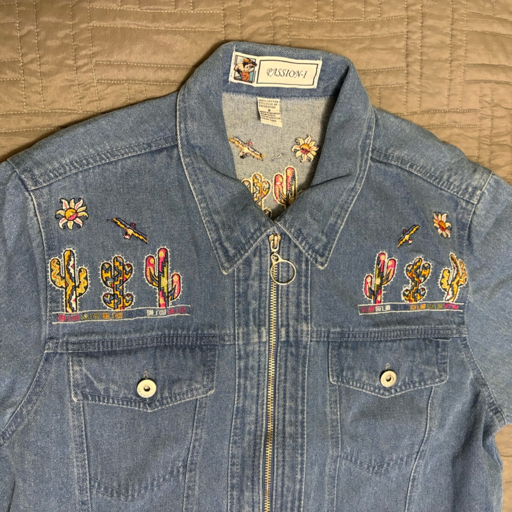 VTG Passion-I Denim Jacket 90s Y2K Women's Small Embroidered Cactus Aztec Coat
